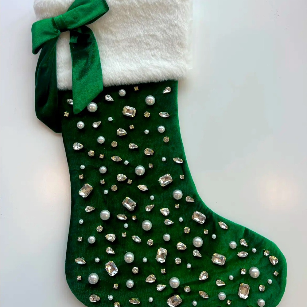 Christmas Stocking.  Brianna Cannon Green Velvet with Crystals and bow